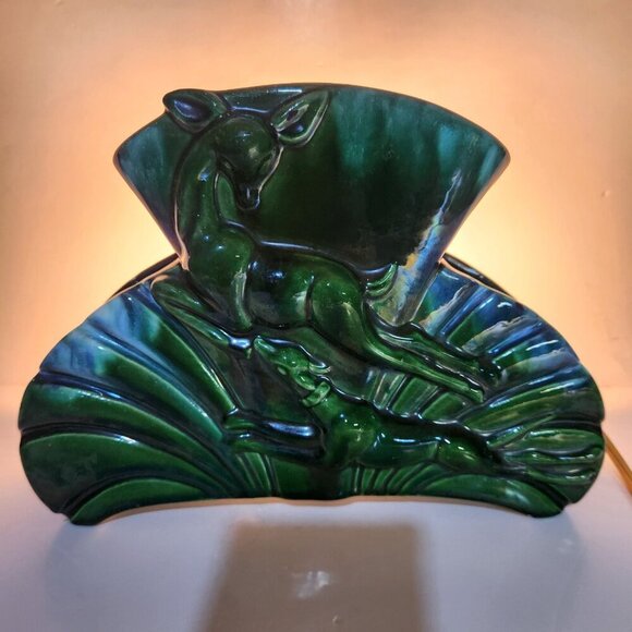 Mid Century Leaping Deer TV Lamp Planter Forest Green Retro Vintage 10.5”X 7.5” - Picture 2 of 15